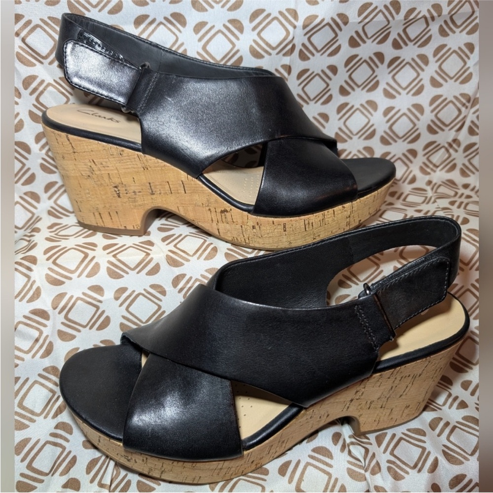 Clark's Black Wedge Sandals with Crisscross Straps and Cork Heel